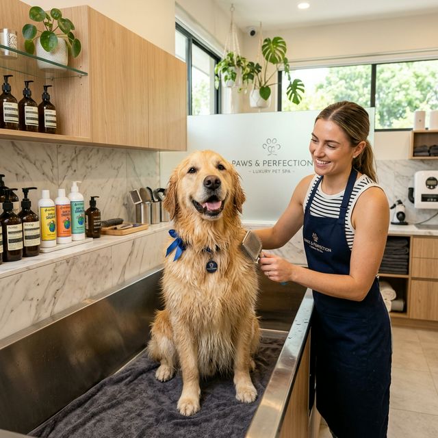 Happy Golden Retriever being groomed